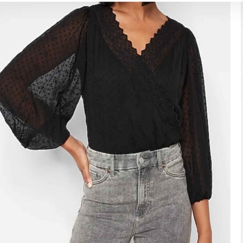 NWT‎ Express Bodysuit Black Eyelet Trim Faux Wrap Thong XS